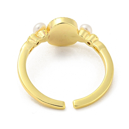 Natural Pearl Flower Open Cuff Ring, Brass Enamel Finger Ring with Cubic Zirconia