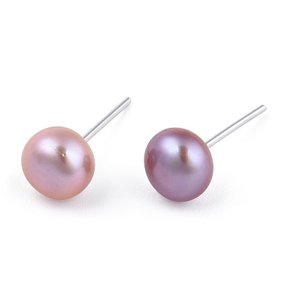 Dyed Natural Pearl Stud Earrings, Round Ball Post Earrings with 925 Sterling Silver Pins for Women