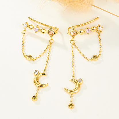 Moon and Star 925 Sterling Silver Rhinestone Dangle Earrings, Chain Earrings for Women