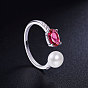 SHEGRACE Gorgeous 925 Sterling Silver Cuff Rings, Open Rings, with Red AAA Cubic Zirconia and Freshwater Pearl, 18mm