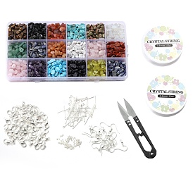 Diy Jewelry Kits, with Natural Gemstone Chips Beads, Elastic Crystal Thread, Scissors, Brass Earring Hooks, Lobster Claw Clasps, Iron Eye Pin, Brass Crimp Beads