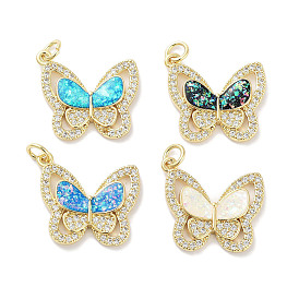 Brass Micro Pave Clear Cubic Zirconia Pendants, with Synthetic Opal, Real 18K Gold Plated, Butterfly Charms