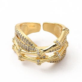 Clear Cubic Zirconia Bamboo Criss Cross Open Cuff Ring, Brass Jewelry for Women