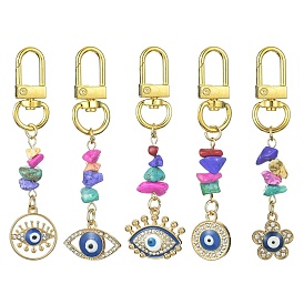 Synthetic Turquoise Chips Pendant Decorations, with Alloy Swivel Clasps and Alloy Rhinestone Pendant, Flat Round/Eye/Flower with Evil Eye
