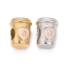 304 Stainless Steel European Beads, with Pink Enamel, Large Hole Beads, Column with Heart