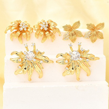 Цветок латуни микро проложить кубического циркония серьги стержня, долговечный, без никеля , реальный 18 k позолоченный