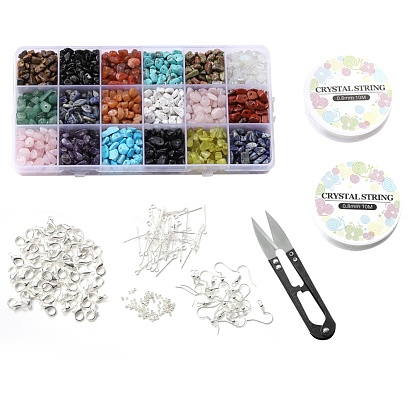 Kits de joyas de bricolaje, con cuentas de piedras preciosas naturales, Hilo de cristal elástico, tijeras, Ganchos del pendientes de latón, cierres de pinza de langosta, alfiler de hierro, Latón chafas