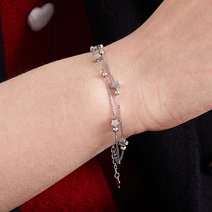 925 Sterling Silver Satellite Chain Multi-strand Bracelets with Star Beaded, Jewelry Gift for Women Girl