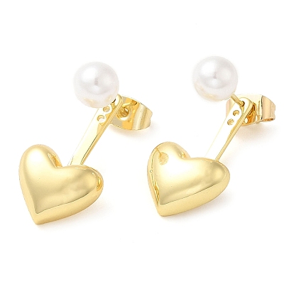 Rack Plating Brass Dangle Stud Earrings, ABS Plastic Imitation Pearl & Heart Front Back Stud Earrings