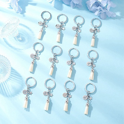 12 шт. двенадцать созвездий 304 брелки с подвесками из нержавеющей стали и искусственной замши с кисточками, с кольцами для ключей из сплава, платина