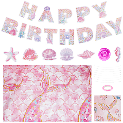 1 сумка с узором в виде рыбьей чешуи, бумага с надписью "С днем рождения", подвесная лента, с 1шт. полиэтиленовых скатертей, 2 пакеты из бумажной бумаги и 2 пакеты из ПВХ для украшения посуды