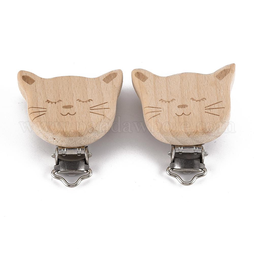 China Factory Beech Wood Kitten Baby Pacifier Holder Clips, with Iron Clips,  Cat Head, Platinum 47~49x43~44.5x17~18mm, Hole: 3.5x6mm in bulk online 