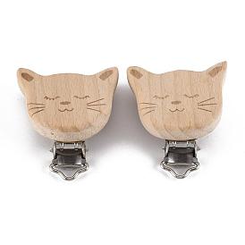 Clips del soporte del chupete del bebé del gatito de madera de haya, con clips de hierro, cabeza de gato, Platino