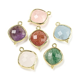 Natural Gemstone Pendants, Rack Plating Golden Plated Brass Faceted Rhombus Charms