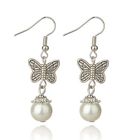 Aretes colgantes de la mariposa del estilo tibetano para las mujeres, con cuentas de perlas de vidrio y los ganchos del pendiente de bronce, 25 mm