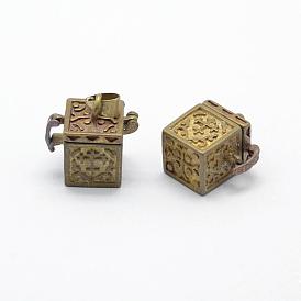 Brass Prayer Box Pendants, Lead Free & Cadmium Free & Nickel Free, Cube