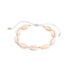 Bracelets de cheville ajustables en fil de nylon tressé, avec des perles de coquillage cauri naturel et des perles cubiques en laiton