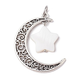 Alloy Moon Pendants, Hollow Moon Charms with Star Natural Freshwater Shell
