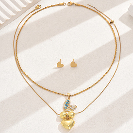 Элегантный комплект украшений из нержавеющей стали с цирконием для женщин, двухслойное колье и серьги