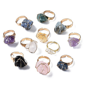 Adjustable Natural Mixed Gemstone Finger Rings, with Light Gold Brass Findings, Nuggets