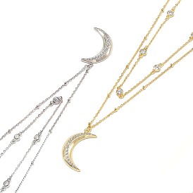 925 Sterling Silver Double Layer Necklaces, Micro Pave 5A Cubic Zirconia Moon Charm Necklaces