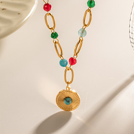 Fashion Retro Necklace 18K Gold Stainless Steel Disc Inlaid Turquoise Pendant Titanium Steel Necklace Women