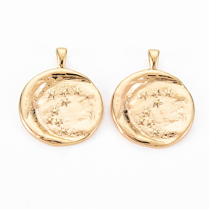 Pendentifs en laiton, sans nickel, Plat rond avec lune et étoile