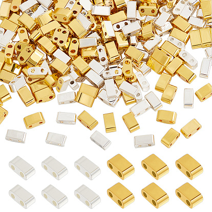 280шт 2 цвета гальванизированные стеклянные бусины, 2-луночное, прямоугольные