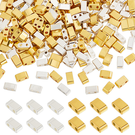 280шт 2 цвета гальванизированные стеклянные бусины, 2-луночное, прямоугольные