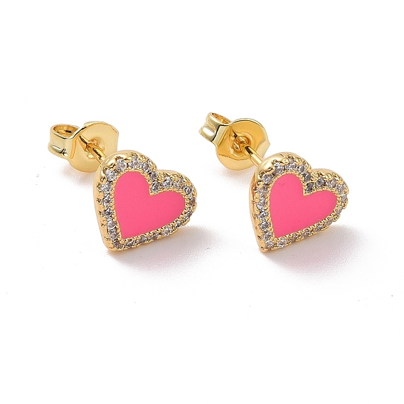 Серьги-гвоздики в виде сердечек темно-розовой эмали с прозрачным кубическим цирконием, стеллаж для латунных украшений для женщин, без кадмия и без свинца