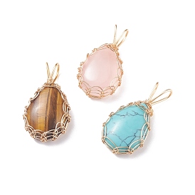 Pendentifs de pierres précieuses naturelles et synthétiques, avec fil de cuivre doré clair enroulé, larme