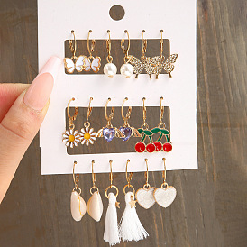 9 Pairs Creative Butterfly Heart Cherry Pearl Earrings with Alloy Inlaid Water Drill Set