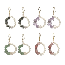4Pcs 4 Style Natural Mixed Gemstone & Shell Pearl Ring Dangle Earrings