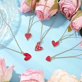 5 шт. 5 стили ожерелья с подвеской в виде сердца из сплава с красной эмалью ко дню святого валентина, 304 колье из троса из нержавеющей стали для женщин