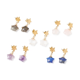 5 Pair 5 Style Natural Mixed Gemstone Star Dangle Stud Earrings, 304 Stainless Steel Wire Wrap Jewelry for Women, Golden
