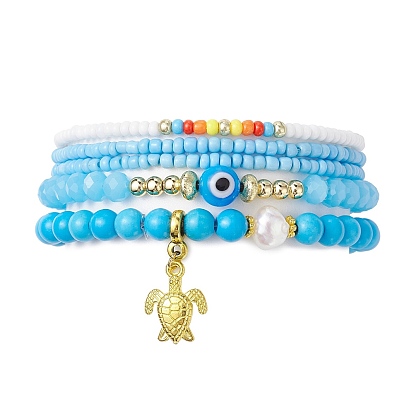 5Pcs 5 Style Evil Eye Lampwork & Synthetic Turquoise & Natural Pearl  Beaded Stretch Bracelets Set, Stackable Bracelets with Alloy Turtle Charms
