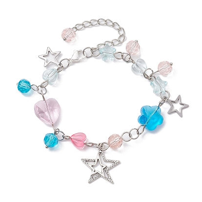 Alloy Star Charms Braclets, Acrylic & Glass Heart Flower Link Chain Bracelets for Women