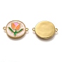 Brass Links Connectors, Long-Lasting Plated, with Enamel, Real 18K Gold Plated, Flat Round with Flower