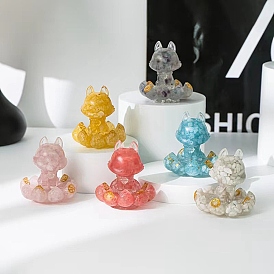 Resin Nine-tailed Fox Display Decoration, with Natural & Synthetic Gemstone Chips inside Statues for Home Office Decorations