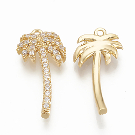 Brass Micro Pave Cubic Zirconia Pendants, Coconut Tree, Nickel Free, Real 18K Gold Plated