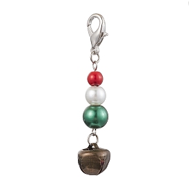 Christmas Iron Bell Pendant Decoration, Glass Pearl Beads and Alloy Lobster Claw Clasps for Bag Ornaments