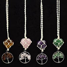 Gemstone Heart Woven Pouch Hanging Ornaments, Metal & Gemstone Chip Tree of Life Pendant Decorations