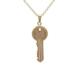 Sparkling CZ Heart Lock Key Pendant Copper Necklace for Men and Women