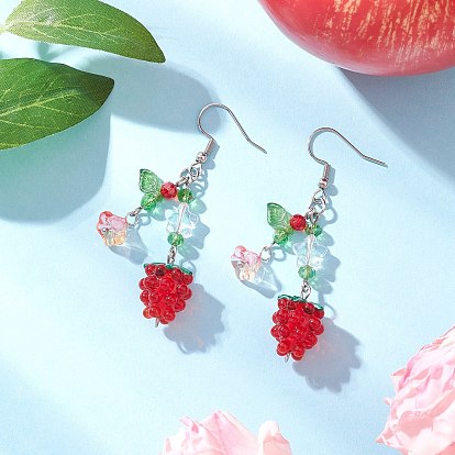 304 серьги-подвески из стеклянных бусин из нержавеющей стали, с ручной работой в виде лэмпворка, винограда и акриловых листьев, а также фурнитурой из хирургической нержавеющей стали