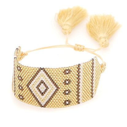 Friendship Rhombus Loom Pattern Seed Beads Bracelets for Women, Adjustable Tassel Nylon Cord Braided Bead Bracelets