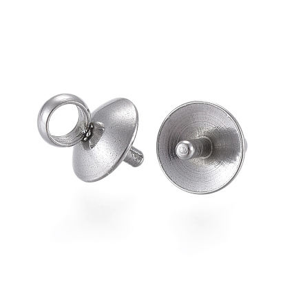 201 Stainless Steel Cup Pearl Peg Bails Pin Pendants, For Half Drilled Beads, 6x5mm, Pin: 1mm, Hole: 2.5mm