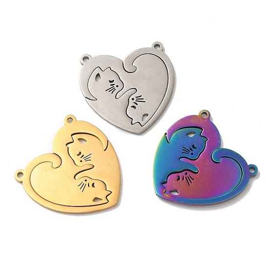 Ion Plating(IP) 304 Stainless Steel Split Pendants, Heart with Cat Charm