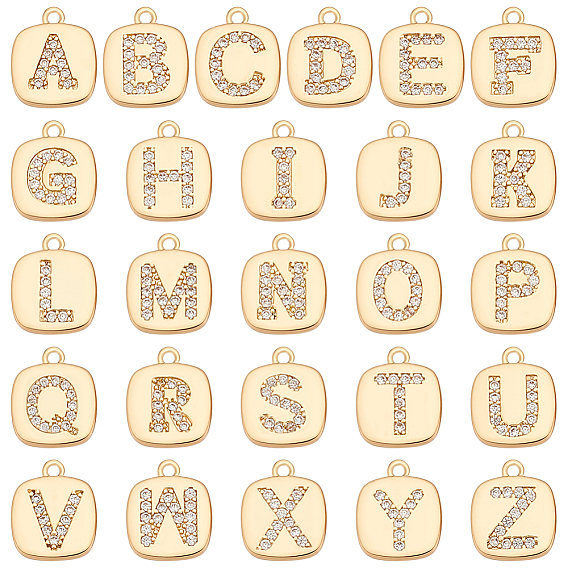 26 шт. 26 стили латунные микро-паве кубические циркониевые подвески, прямоугольник с буквой, золотые