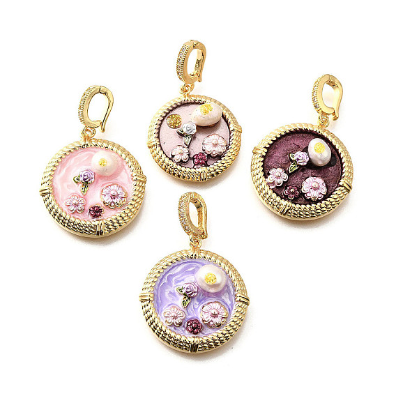 Латунные подвески с микропаве из кубического циркония и эмали, плоский круглый с цветными чарами, с натуральным пресноводным жемчугом, реальный 18 k позолоченный