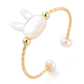 Natural Pearl & Shell Rabbit Open Cuff Ring, Brass Jewelry for Women